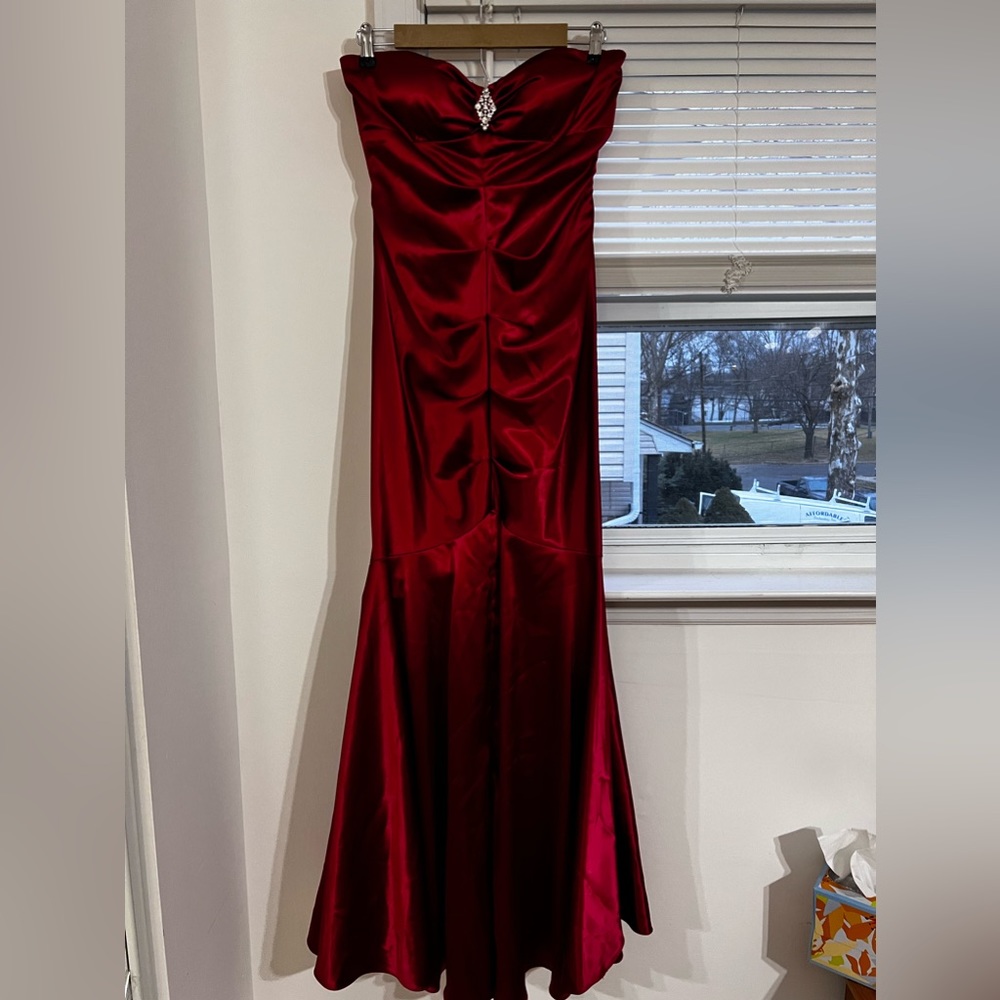 Strapless Burgundy Satin Evening Gown